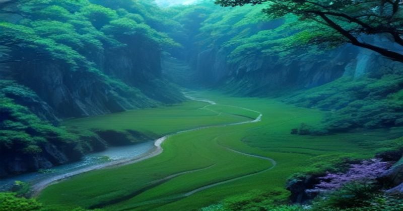 琉璃川溪谷全景，清晨薄雾笼罩翠绿山林，溪水呈现琉璃蓝绿色泽，远山层叠，光线柔和梦幻